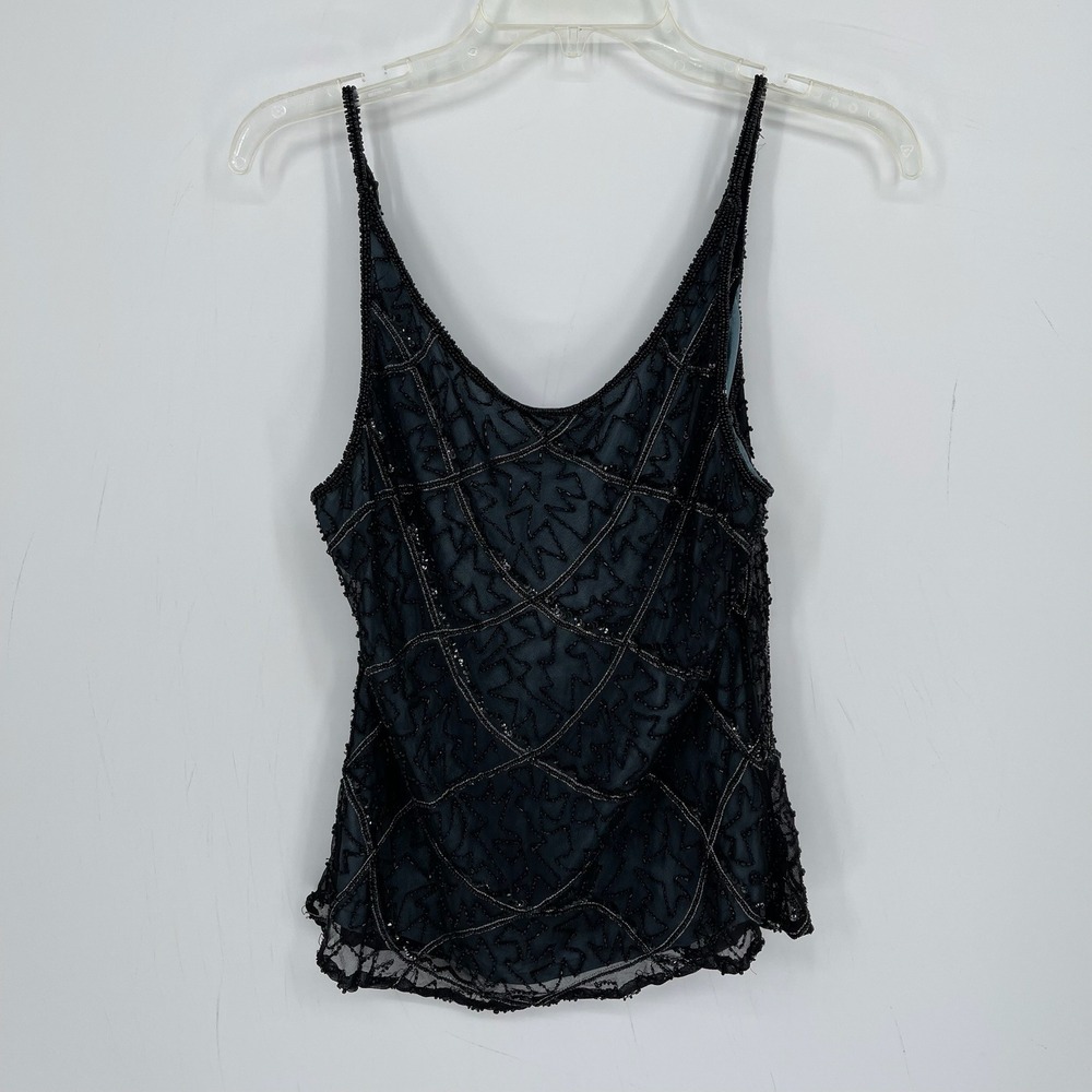 Papell Boutique Women's Y2K Blue Sequin Mesh Beaded Silk Evening Tank Top Size L